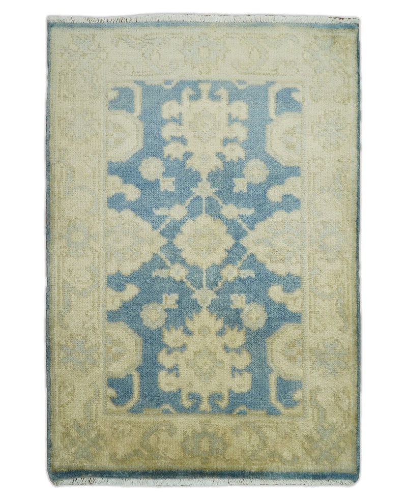 Persian Oushak 2x3 Blue and Ivory Hand Knotted Entryway Wool Area Rug | TRD30112 - The Rug Decor