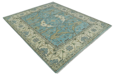 Persian Oushak 8x10 Blue and Beige Antique Hand Knotted Large Wool Area Rug | TRDCP240810 - The Rug Decor
