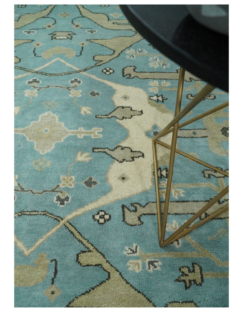Persian Oushak 8x10 Blue and Beige Antique Hand Knotted Large Wool Area Rug | TRDCP240810 - The Rug Decor