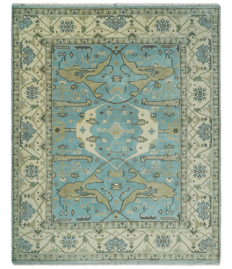 Persian Oushak 8x10 Blue and Beige Antique Hand Knotted Large Wool Area Rug | TRDCP240810 - The Rug Decor