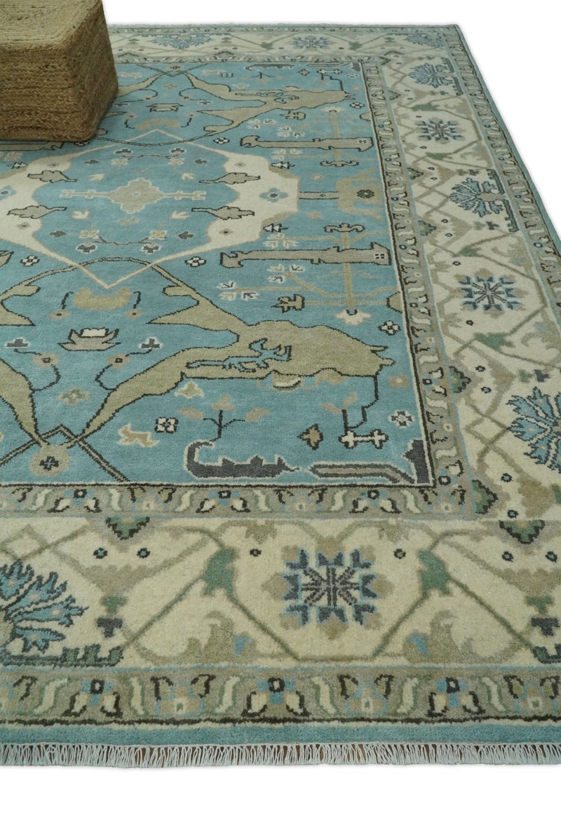 Persian Oushak 8x10 Blue and Beige Antique Hand Knotted Large Wool Area Rug | TRDCP240810 - The Rug Decor