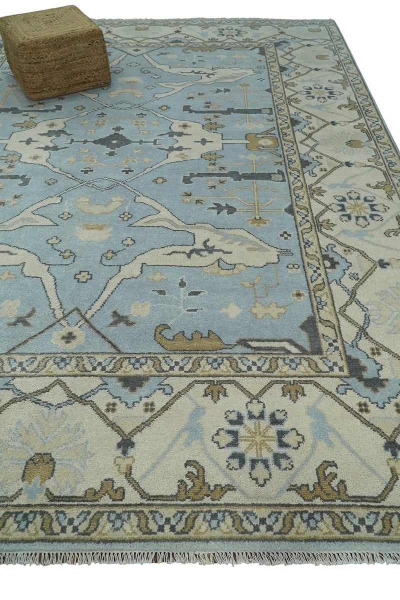 Persian Oushak 8x10 Blue and Beige Hand Knotted Antique Large Wool Area Rug | TRDCP268912 - The Rug Decor