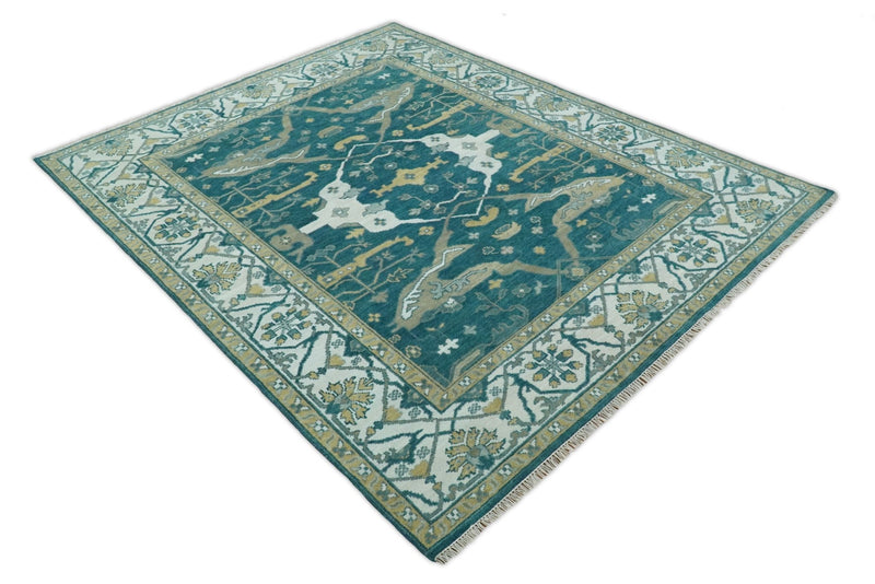 Persian Oushak 8x10 Blue Teal and Ivory Antique Vintage Hand knotted Area Rug | TRDCP239810 - The Rug Decor