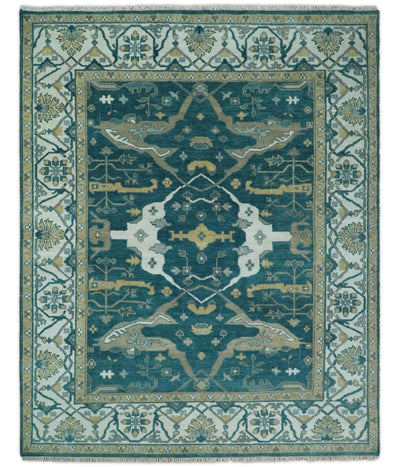 Persian Oushak 8x10 Blue Teal and Ivory Antique Vintage Hand knotted Area Rug | TRDCP239810 - The Rug Decor