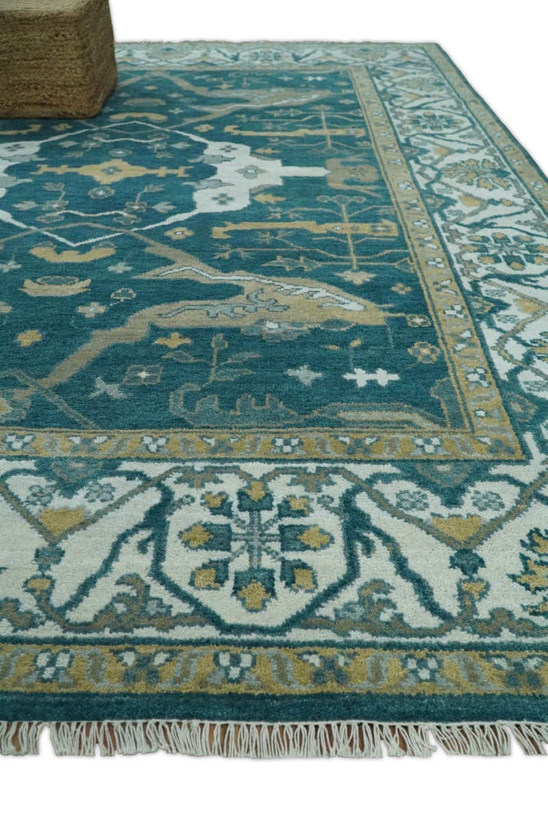 Persian Oushak 8x10 Blue Teal and Ivory Antique Vintage Hand knotted Area Rug | TRDCP239810 - The Rug Decor