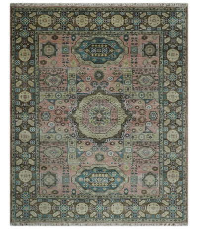 Pink, Beige and Olive Hand knotted Medallion Mamluk Design 8x10 wool Area Rug - The Rug Decor