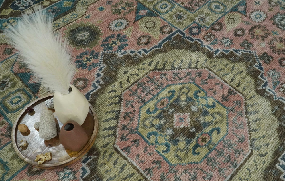 Pink, Beige and Olive Hand knotted Medallion Mamluk Design 8x10 wool Area Rug - The Rug Decor