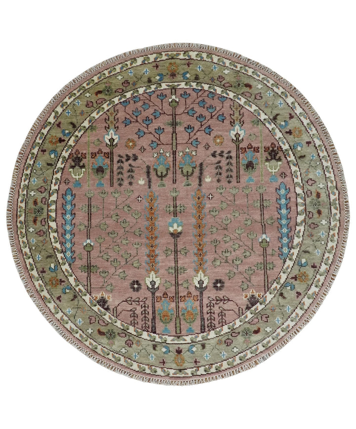 Pink, Olive and Beige Traditional Vintage Heriz Serapi Wool Rug - The Rug Decor