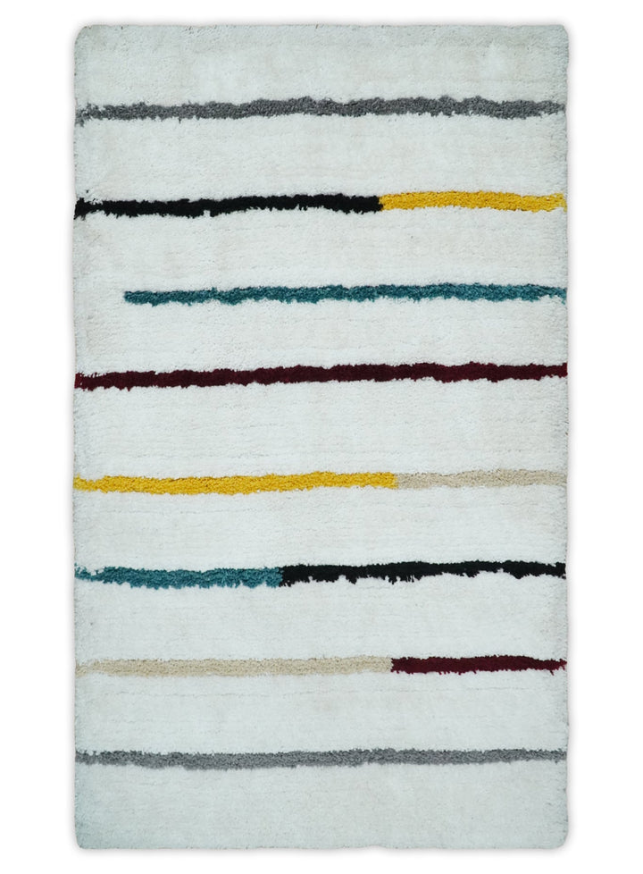 Plush and Thick Hand Woven Shag White with multicolor Stripes Soft Area Rug | SHAG2 - The Rug Decor