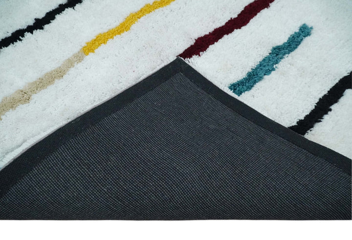 Plush and Thick Hand Woven Shag White with multicolor Stripes Soft Area Rug | SHAG2 - The Rug Decor