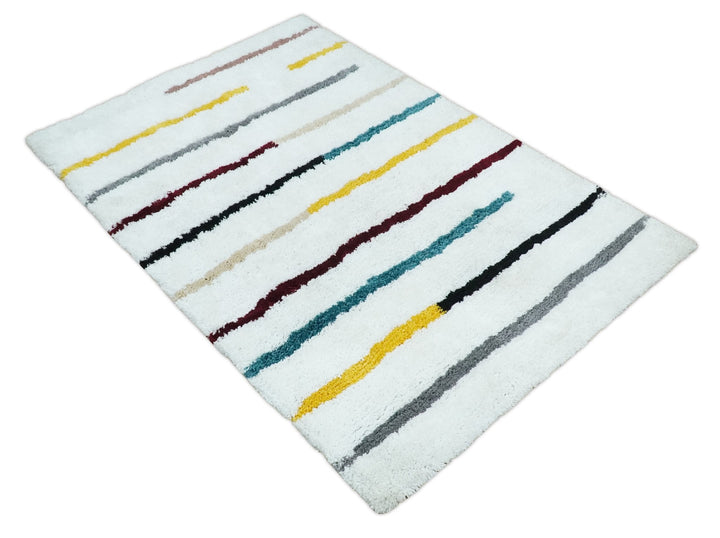 Plush and Thick Hand Woven Shag White with multicolor Stripes Soft Area Rug | SHAG2 - The Rug Decor