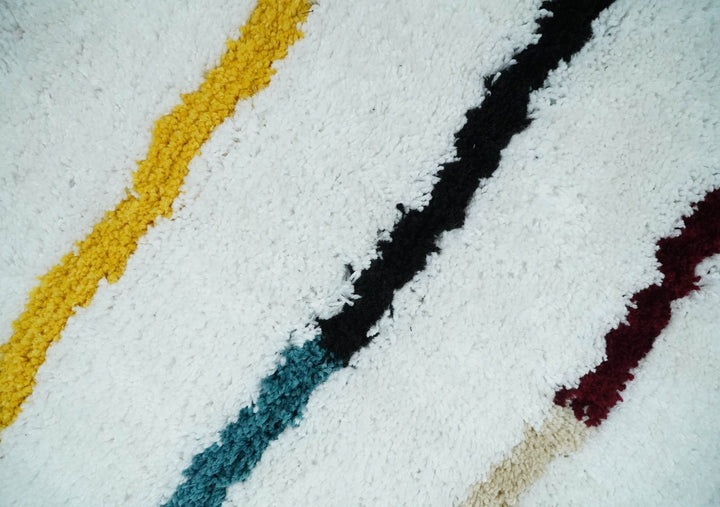 Plush and Thick Hand Woven Shag White with multicolor Stripes Soft Area Rug | SHAG2 - The Rug Decor
