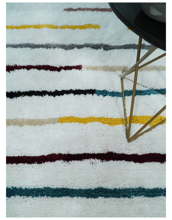 Plush and Thick Hand Woven Shag White with multicolor Stripes Soft Area Rug | SHAG2 - The Rug Decor