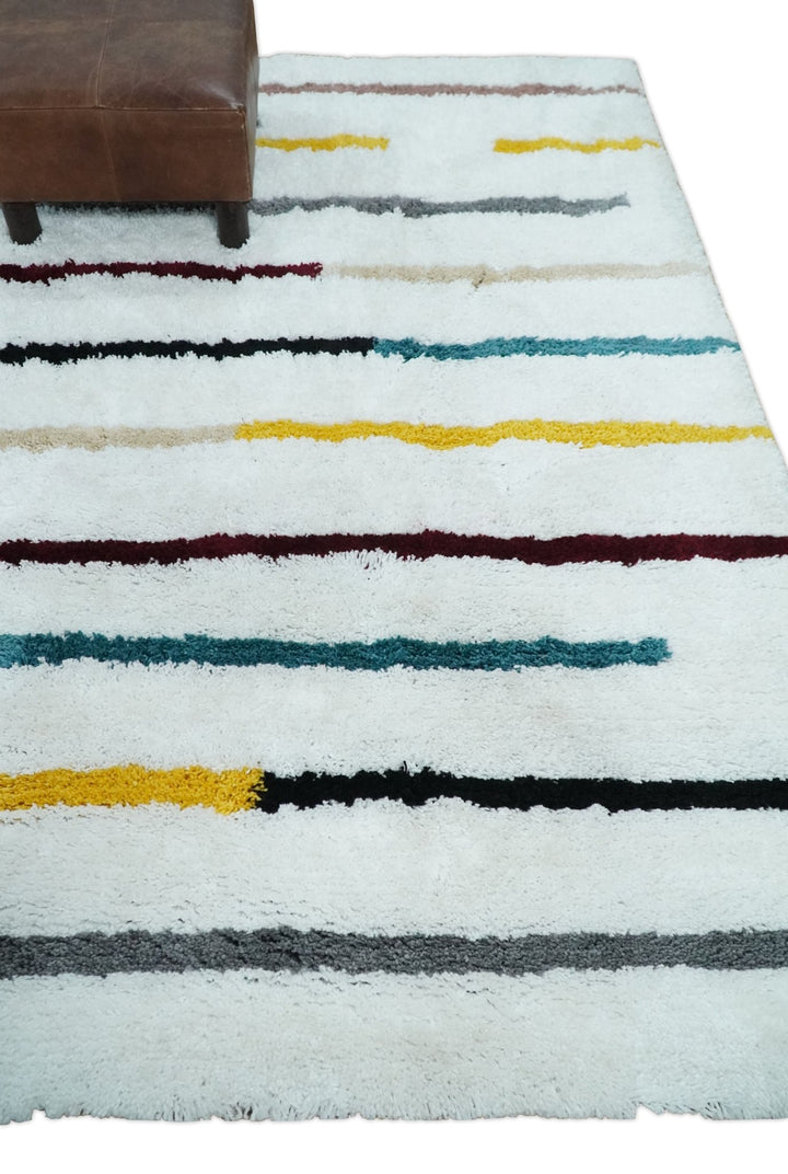 Plush and Thick Hand Woven Shag White with multicolor Stripes Soft Area Rug | SHAG2 - The Rug Decor