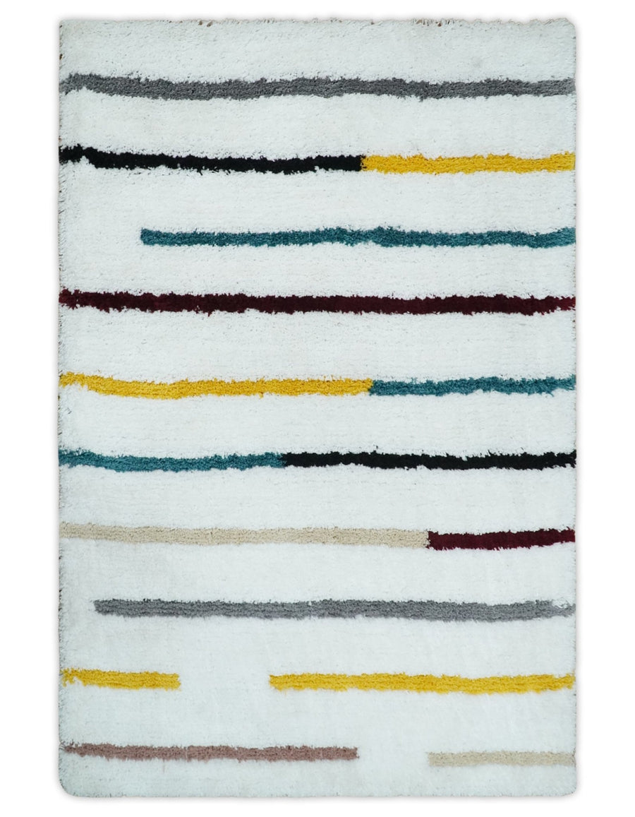 Plush and Thick Hand Woven Shag White with multicolor Stripes Soft Area Rug | SHAG2 - The Rug Decor