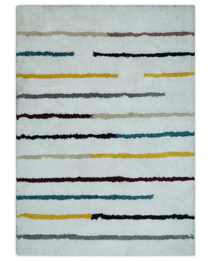 Plush and Thick Hand Woven Shag White with multicolor Stripes Soft Area Rug | SHAG2 - The Rug Decor