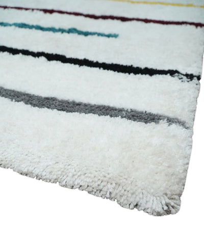 Plush and Thick Hand Woven Shag White with multicolor Stripes Soft Area Rug | SHAG2 - The Rug Decor