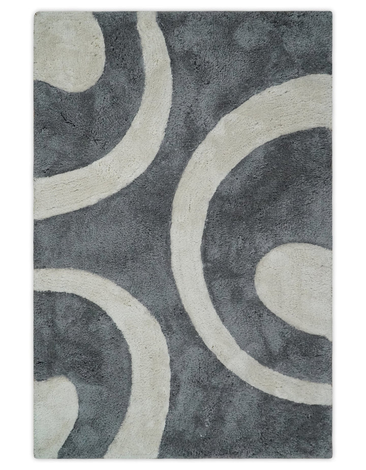 Plush Contemporary 3x5, 4x6 and 5x7 Hand Woven Shag Ivory and Gray Art Silk Soft Area Rug - The Rug Decor