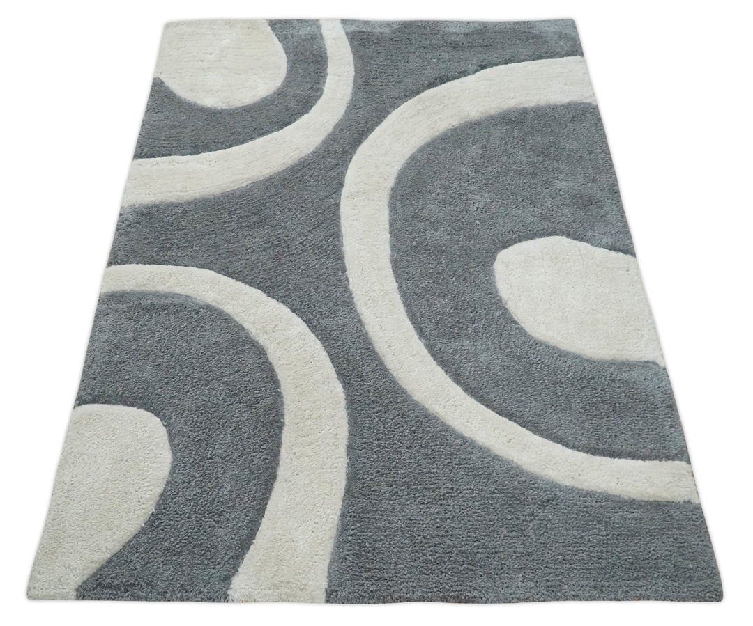 Plush Contemporary 3x5, 4x6 and 5x7 Hand Woven Shag Ivory and Gray Art Silk Soft Area Rug - The Rug Decor
