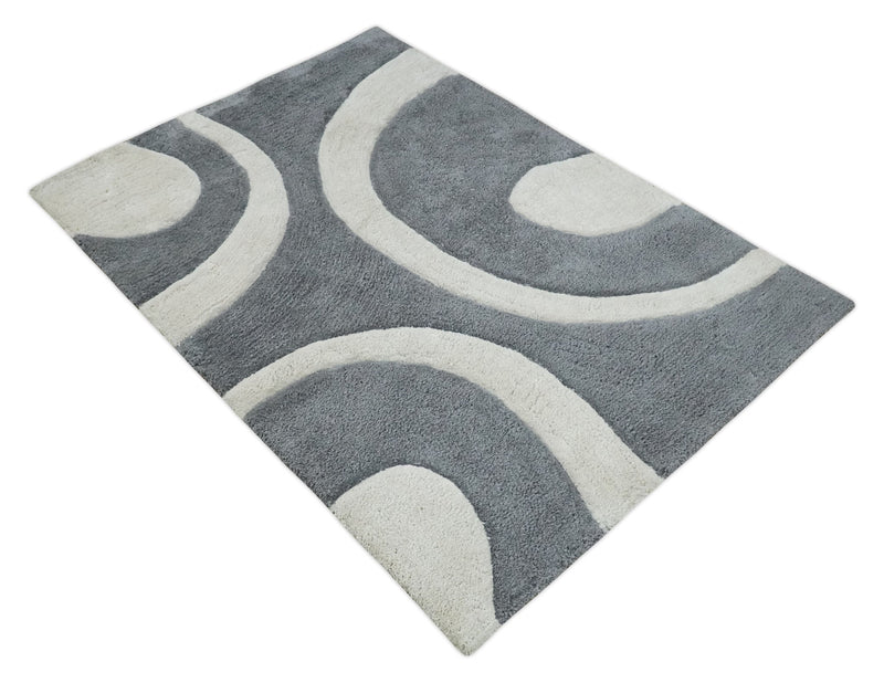 Plush Contemporary 3x5, 4x6 and 5x7 Hand Woven Shag Ivory and Gray Art Silk Soft Area Rug - The Rug Decor