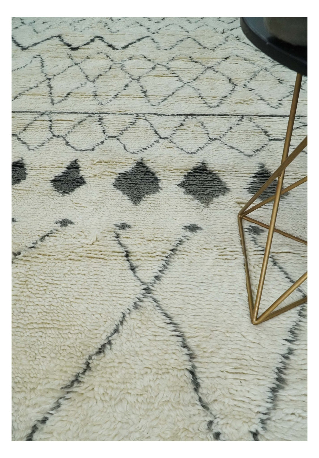Plush Thick Beni Ourain 8x10.5 Ivory and Charcoal Geometrical design Moroccan Rug Made with fine Wool - The Rug Decor