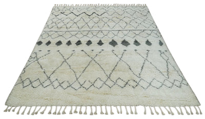 Plush Thick Beni Ourain 8x10.5 Ivory and Charcoal Geometrical design Moroccan Rug Made with fine Wool - The Rug Decor