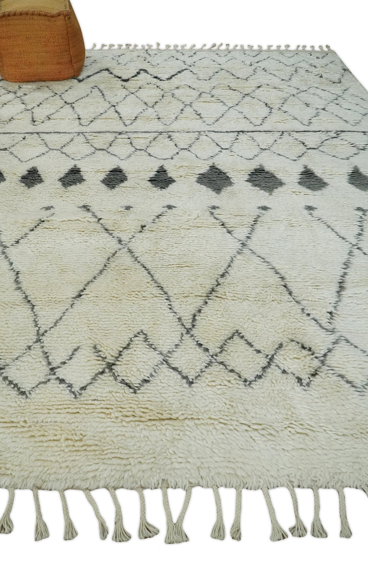 Plush Thick Beni Ourain 8x10.5 Ivory and Charcoal Geometrical design Moroccan Rug Made with fine Wool - The Rug Decor
