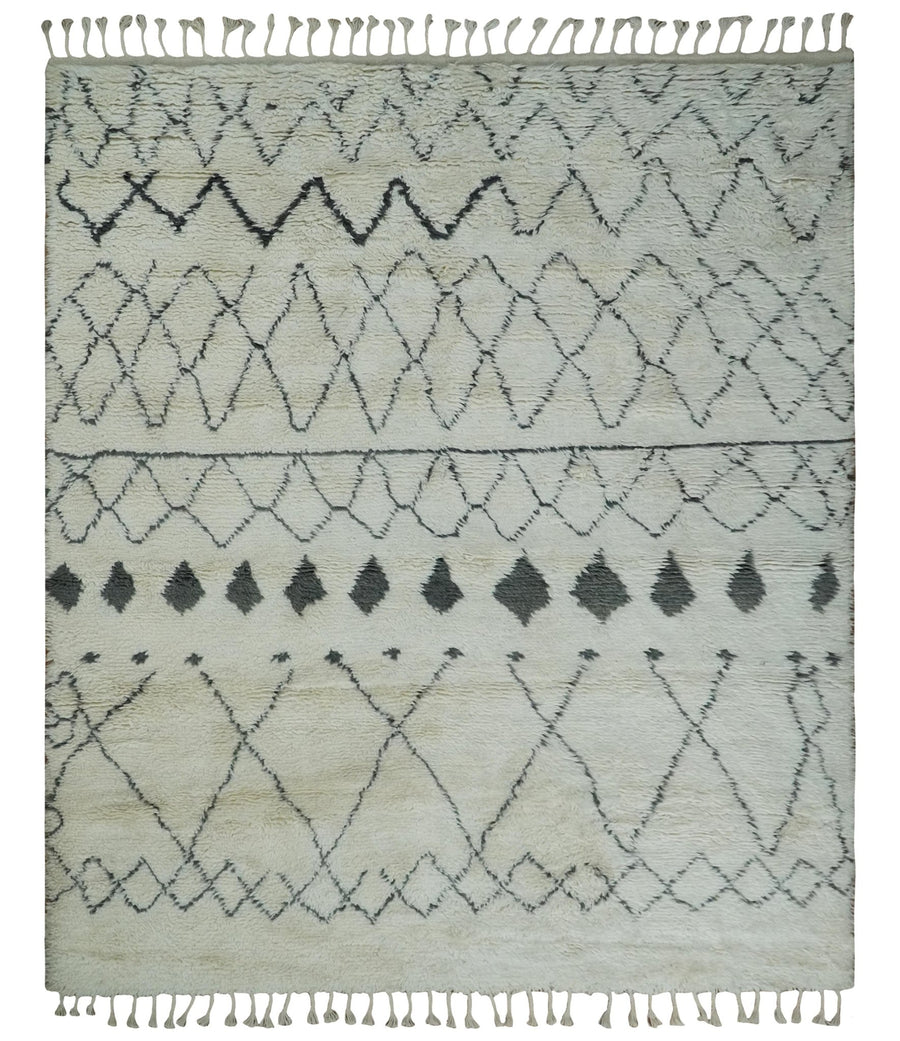 Plush Thick Beni Ourain 8x10.5 Ivory and Charcoal Geometrical design Moroccan Rug Made with fine Wool - The Rug Decor