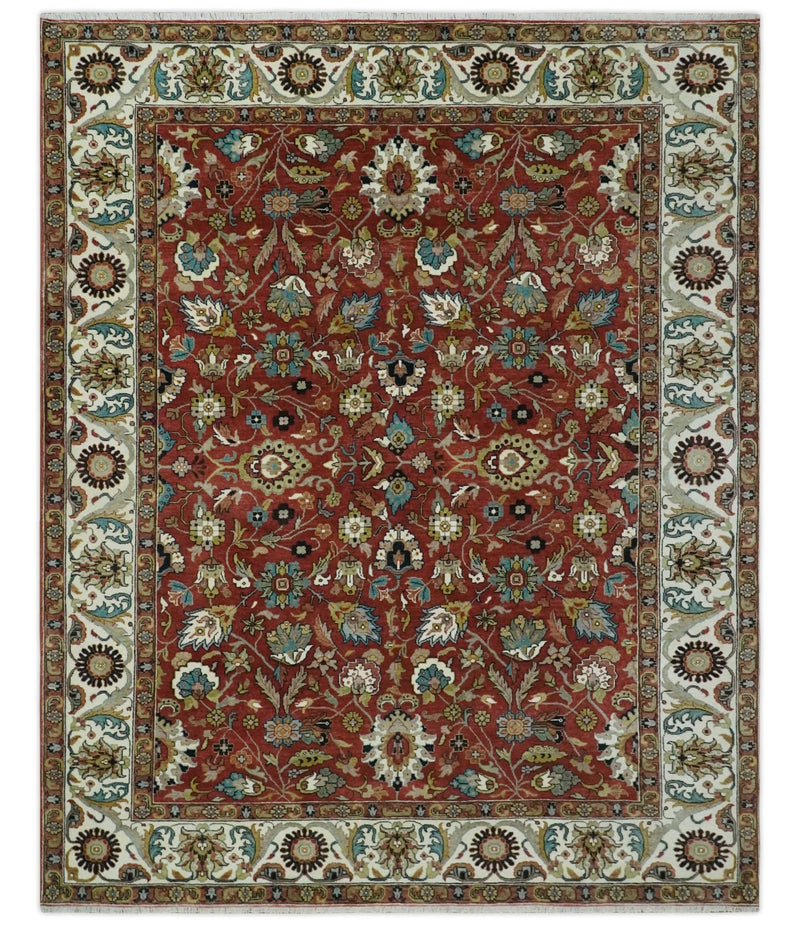 Premium Brown and Ivory 8x10 Hand knotted Traditional Floral Wool Area Rug - The Rug Decor