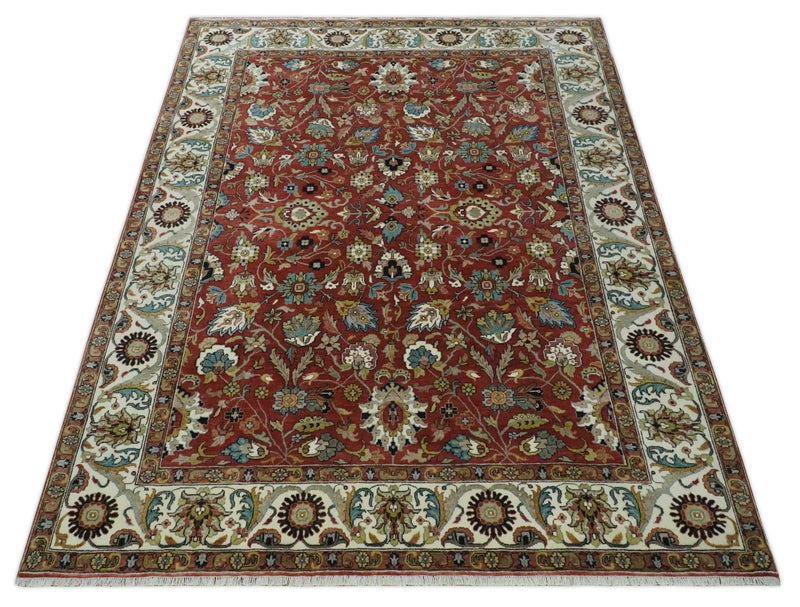 Premium Brown and Ivory 8x10 Hand knotted Traditional Floral Wool Area Rug - The Rug Decor