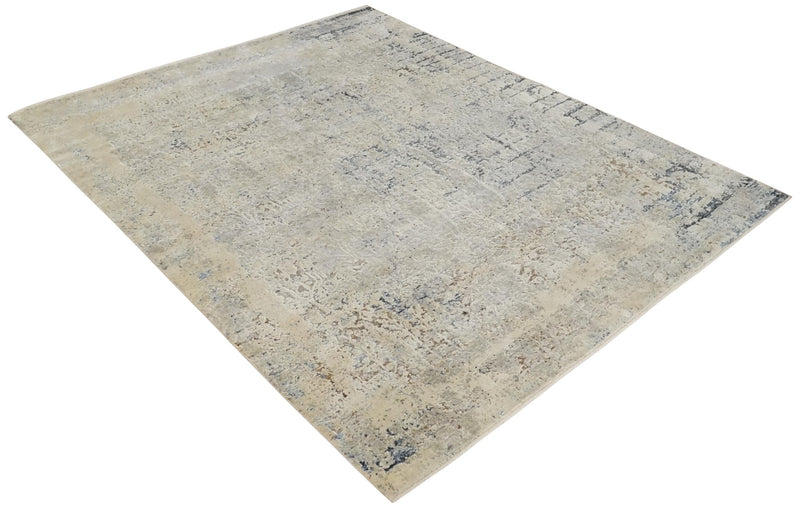 Premium Fine 8x10 Silver, Beige and Charcoal Traditional Floral High Low texture Hand Knotted Wool and Art Silk Rug - The Rug Decor