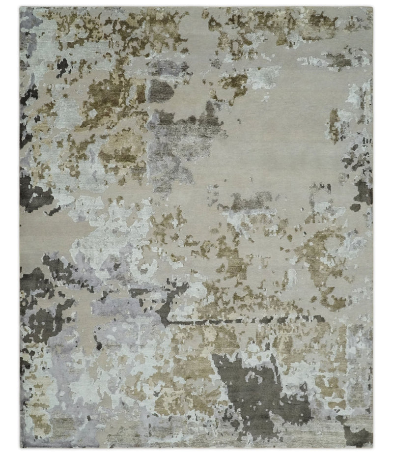 Premium Hand knotted Camel, Silver, Olive and Charcoal modern Abstract wool and Silk Blended 8x10 Area Rug - The Rug Decor