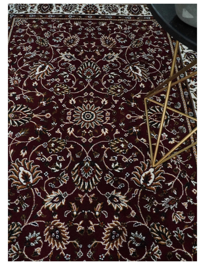 Premium Look 5x7 Woven Maroon and Ivory Traditional Pattern Area Rug - The Rug Decor