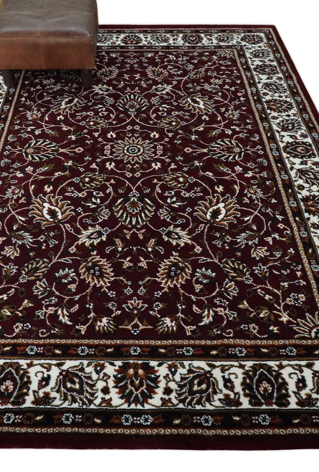 Premium Look 5x7 Woven Maroon and Ivory Traditional Pattern Area Rug - The Rug Decor