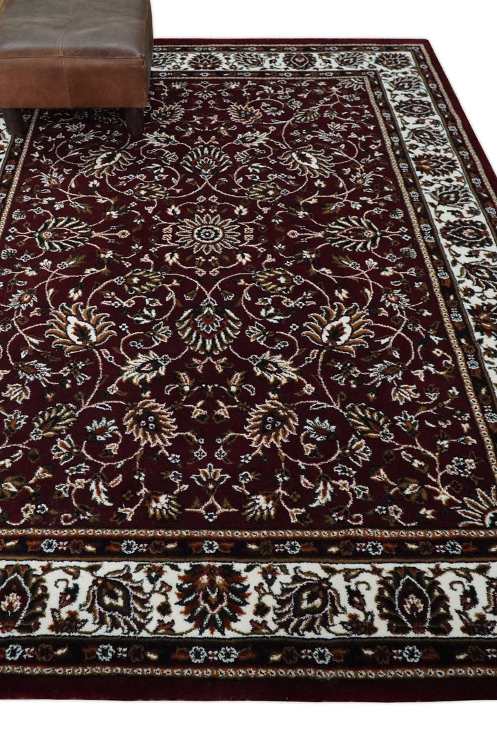 Premium Look 5x7 Woven Maroon and Ivory Traditional Pattern Area Rug - The Rug Decor