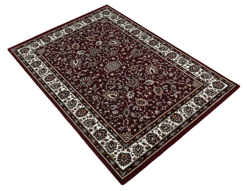 Premium Look 5x7 Woven Maroon and Ivory Traditional Pattern Area Rug - The Rug Decor
