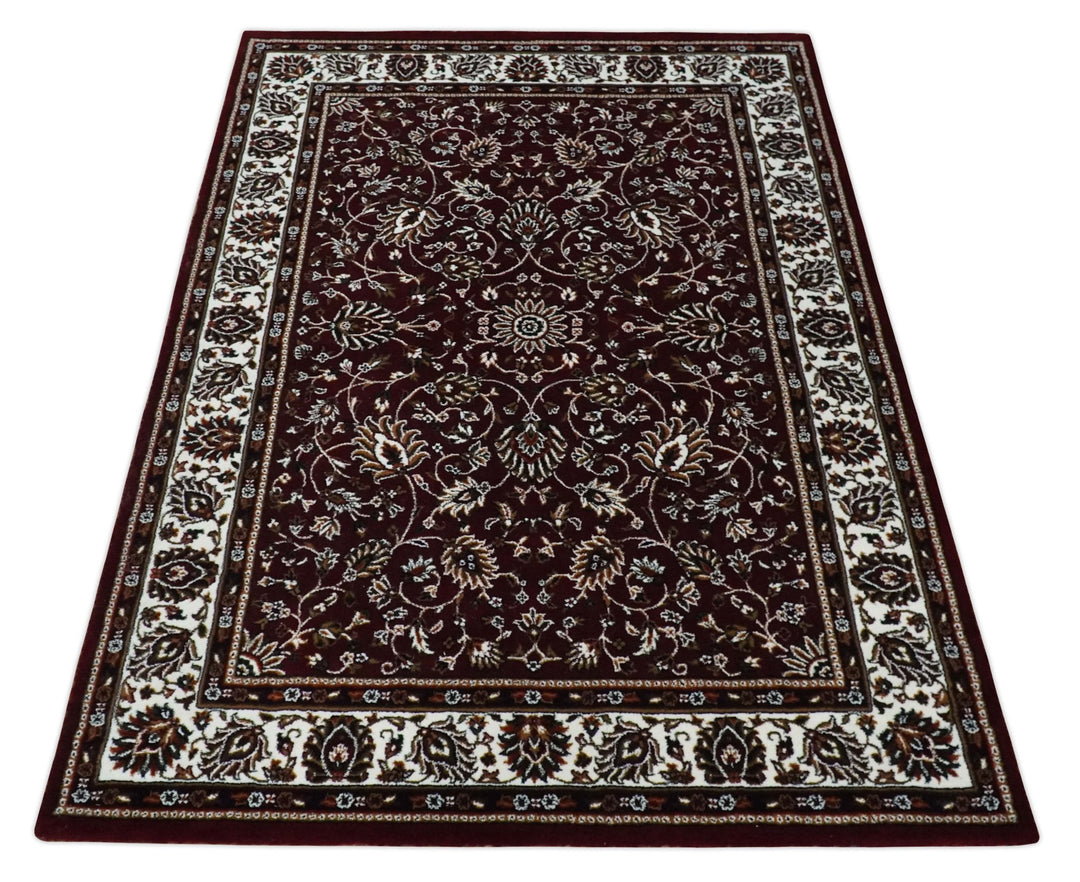 Premium Look 5x7 Woven Maroon and Ivory Traditional Pattern Area Rug - The Rug Decor