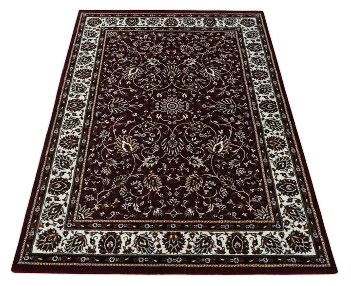 Premium Look 5x7 Woven Maroon and Ivory Traditional Pattern Area Rug - The Rug Decor
