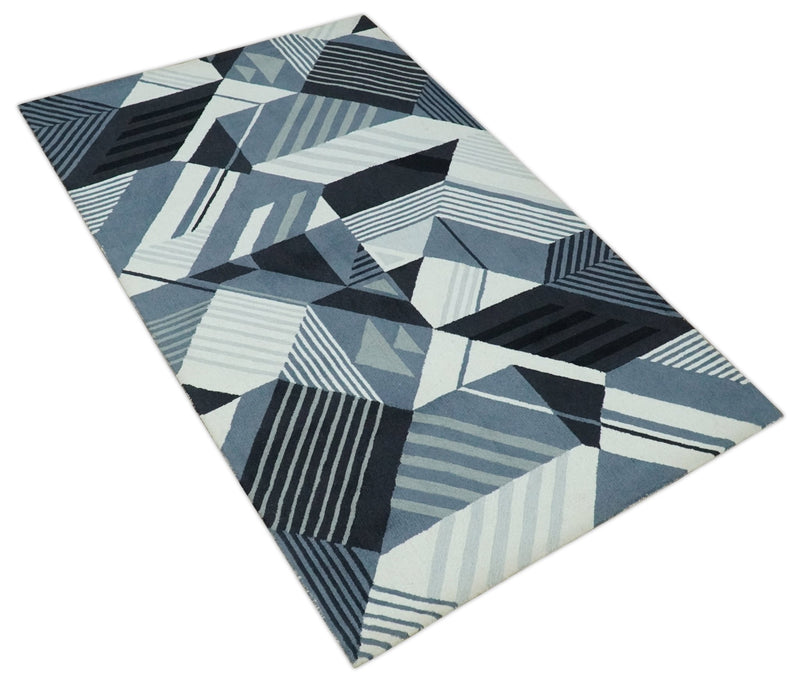 Premium Look 5x8 Ivory, Gray and Charcoal Geometrical Vector pattern Hand Tufted Wool Area Rug - The Rug Decor