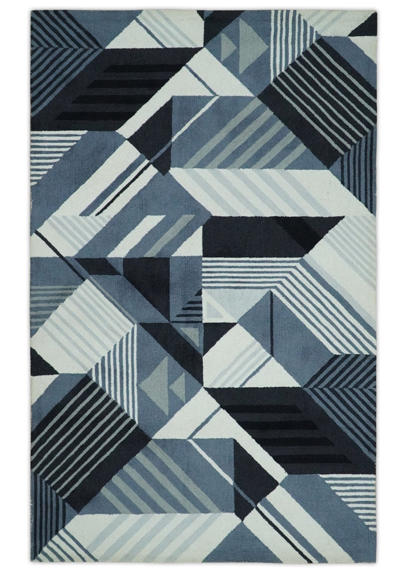 Premium Look 5x8 Ivory, Gray and Charcoal Geometrical Vector pattern Hand Tufted Wool Area Rug - The Rug Decor