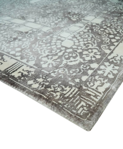 Premium look Charcoal and Ivory Traditional Ikat Large Design Hand Loom 5.6x7 Viscose Area Rug - The Rug Decor