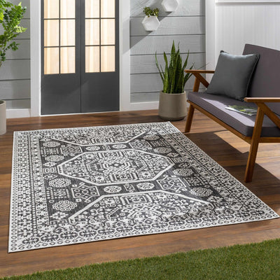 Premium look Charcoal and Ivory Traditional Medallion Outdoor Safe Area Rug - The Rug Decor