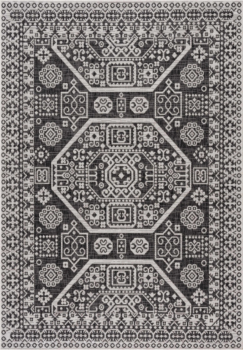 Premium look Charcoal and Ivory Traditional Medallion Outdoor Safe Area Rug - The Rug Decor