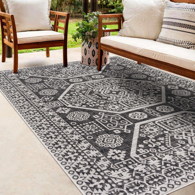 Premium look Charcoal and Ivory Traditional Medallion Outdoor Safe Area Rug - The Rug Decor