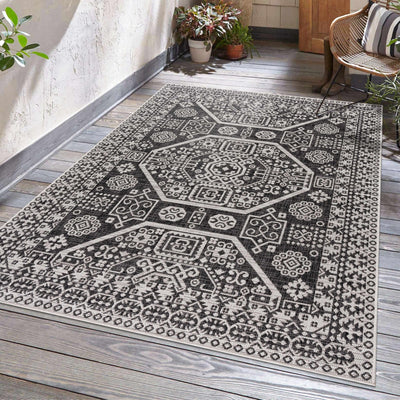 Premium look Charcoal and Ivory Traditional Medallion Outdoor Safe Area Rug - The Rug Decor