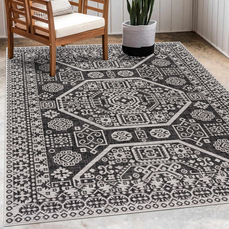 Premium look Charcoal and Ivory Traditional Medallion Outdoor Safe Area Rug - The Rug Decor