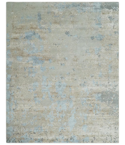 Premium look Hand knotted Silver and Blue modern Abstract wool and Silk Blended 7.10x9.6 Area Rug - The Rug Decor