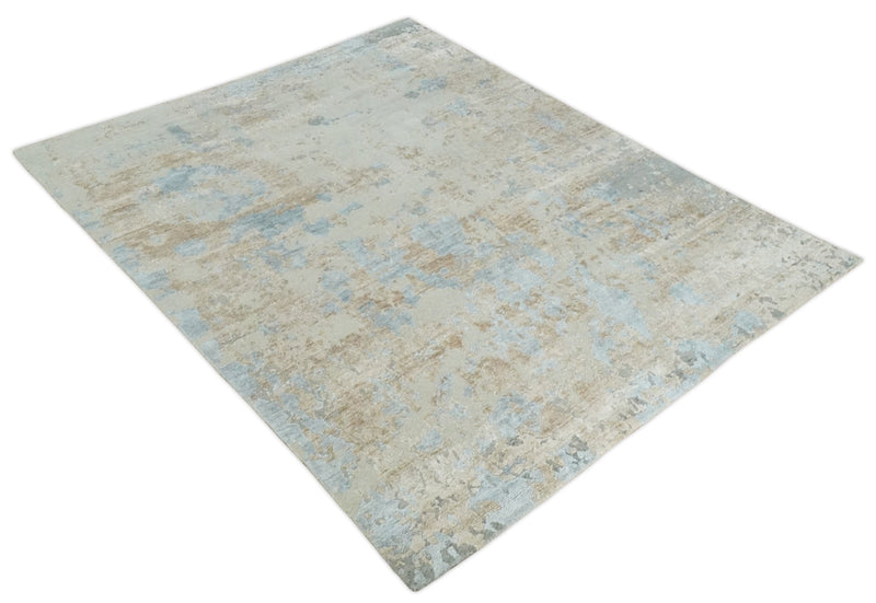 Premium look Hand knotted Silver and Blue modern Abstract wool and Silk Blended 7.10x9.6 Area Rug - The Rug Decor