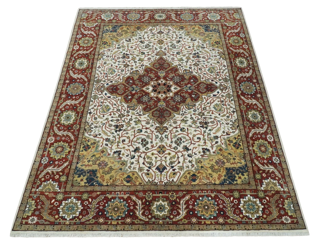 Premium Look Ivory, Brown and Beige 8x10 Hand knotted Traditional Heriz Serapi Floral Wool Area Rug - The Rug Decor