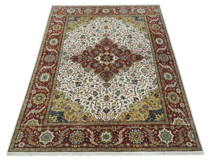 Premium Look Ivory, Brown and Beige 8x10 Hand knotted Traditional Heriz Serapi Floral Wool Area Rug - The Rug Decor